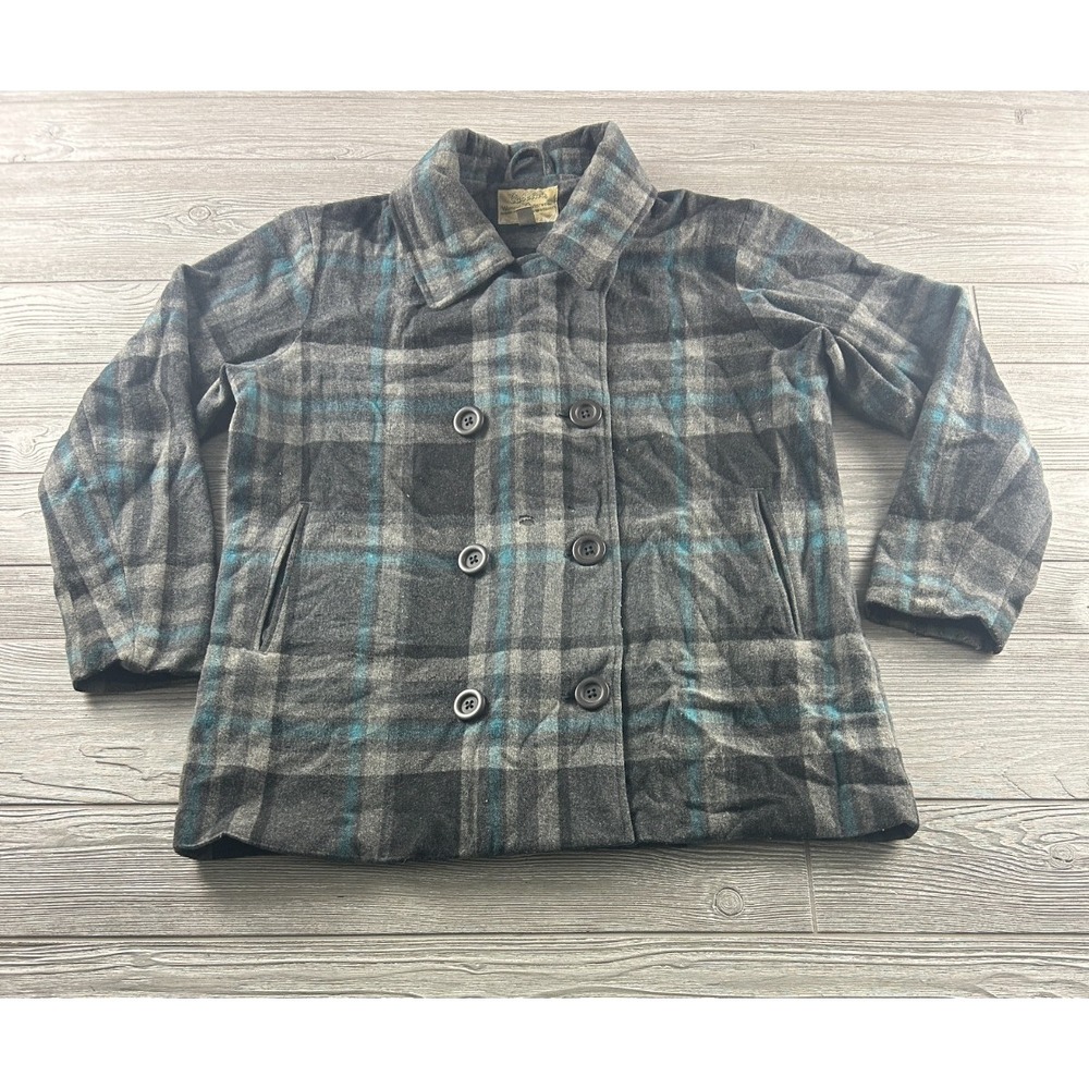 Cabela's Jacket Womens XL Plaid Peacoat Gray Wool Cashmere Blend Button Up